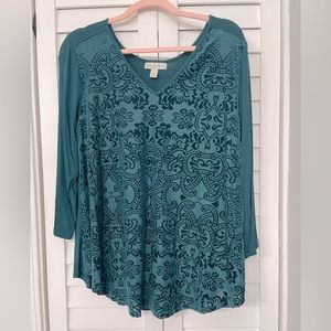Dana Buchman XL v-neck green velvet/velour long sleeve blouse.